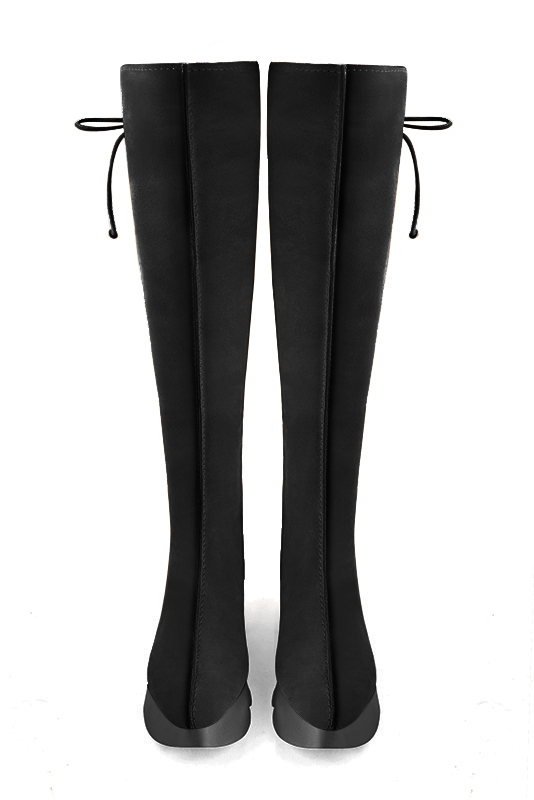 Matt black women's knee-high boots, with laces at the back. Round toe. Low rubber soles. Made to measure. Top view - Florence KOOIJMAN